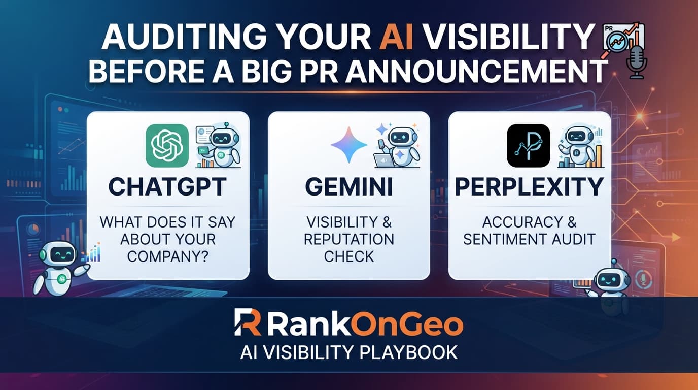 How can I audit what ChatGPT, Gemini, and Perplexity say about my company before a big PR announcement? A practical AI visibility playbook with RankOnGeo